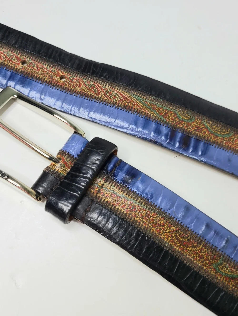 Etro Milano Made In Italy Paisley Striped Color Block Genuine Leather Belt